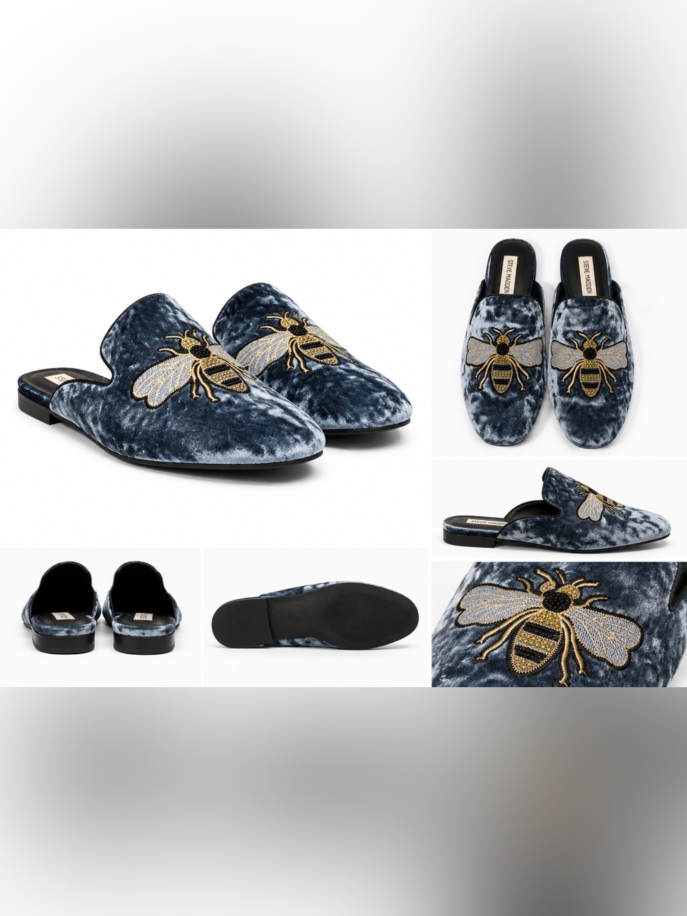 🐝 Steve Madden HUGH Blue Velvet Bee Embroidered Mules | Size 8 - Picture 2 of 2